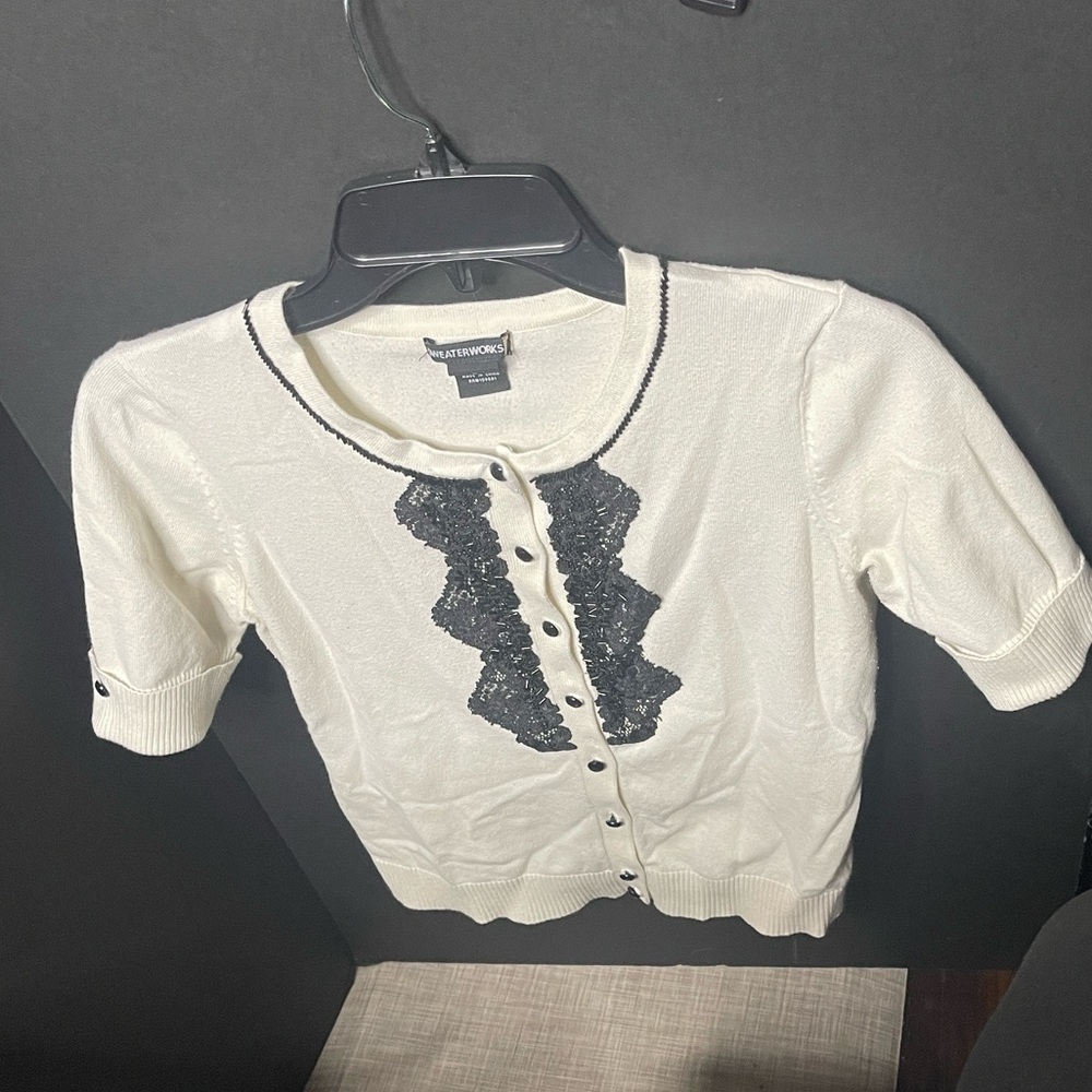 Sweaterworks Cream Cardigan with Black Lace Accent with bugle beading